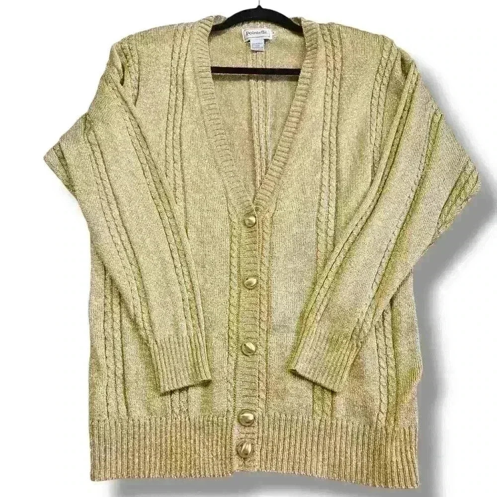 Vintage Pointelle Gold Cardigan Sweater Glitter Sweater Women Size M